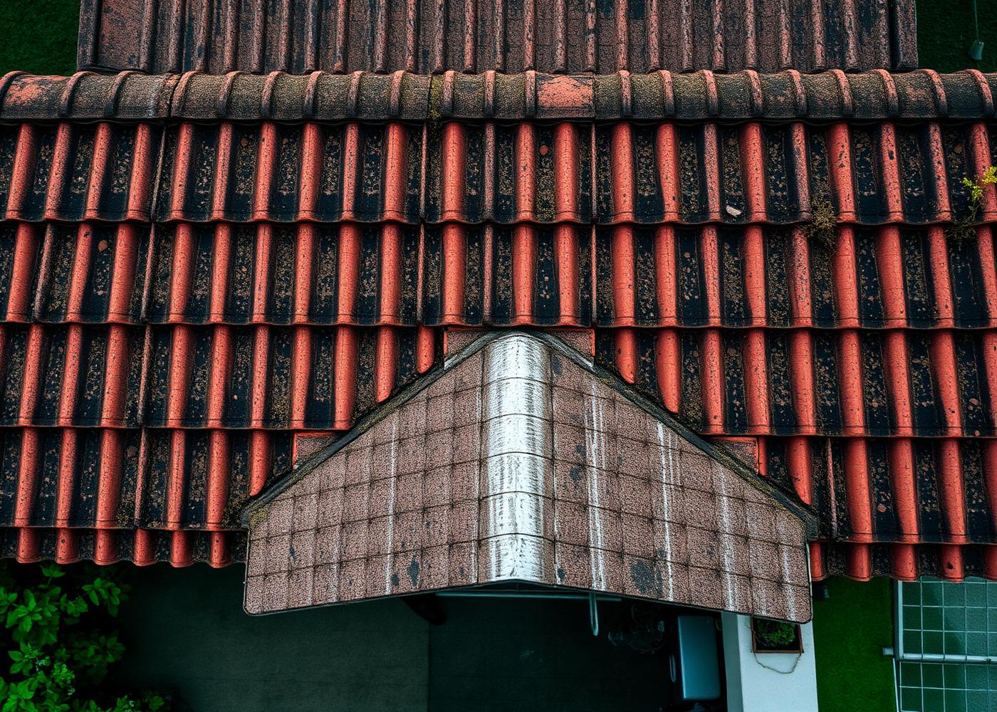 Weathered terracotta tile roof covered in moss before restoration