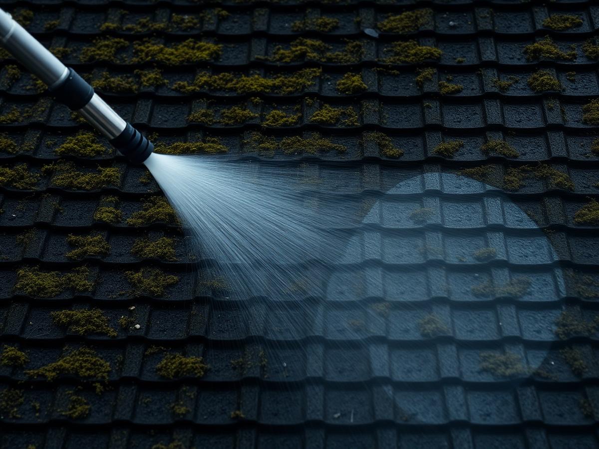 High pressure cleaning stripping moss from roof tiles