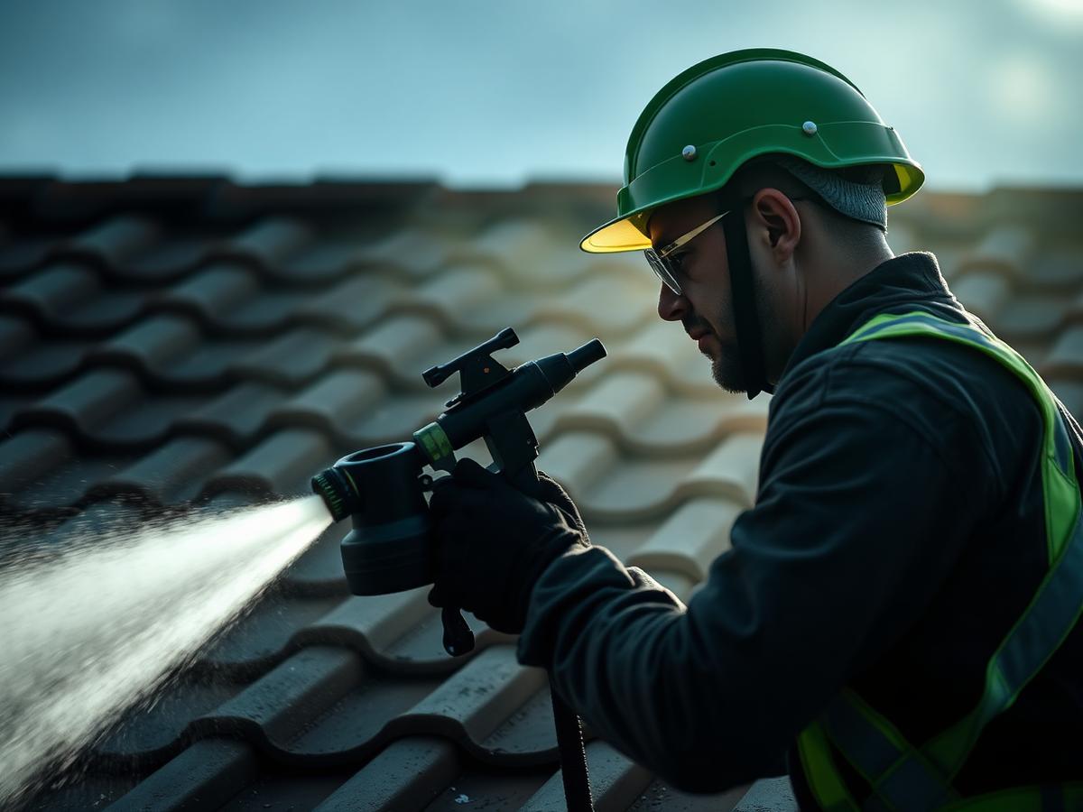 Roofer spray painting tiles with an airless sprayer