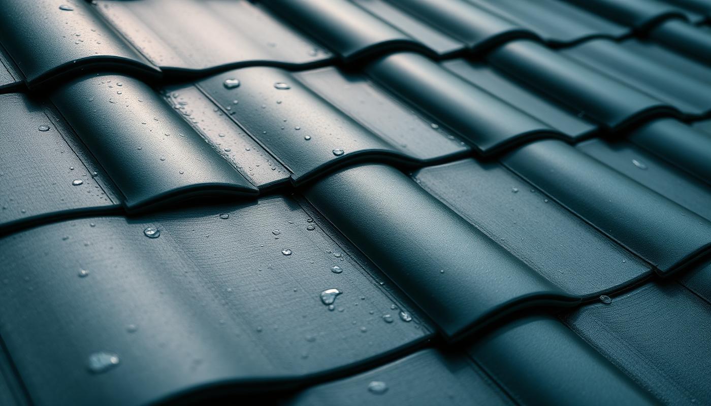 Close-up of freshly coated roof tiles with water beading on the satin finish